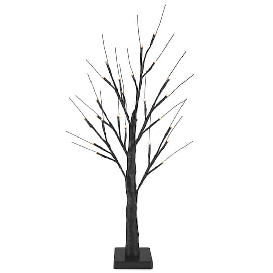 24&#x22; LED Lighted Black Halloween Twig Tree, Warm White Lights